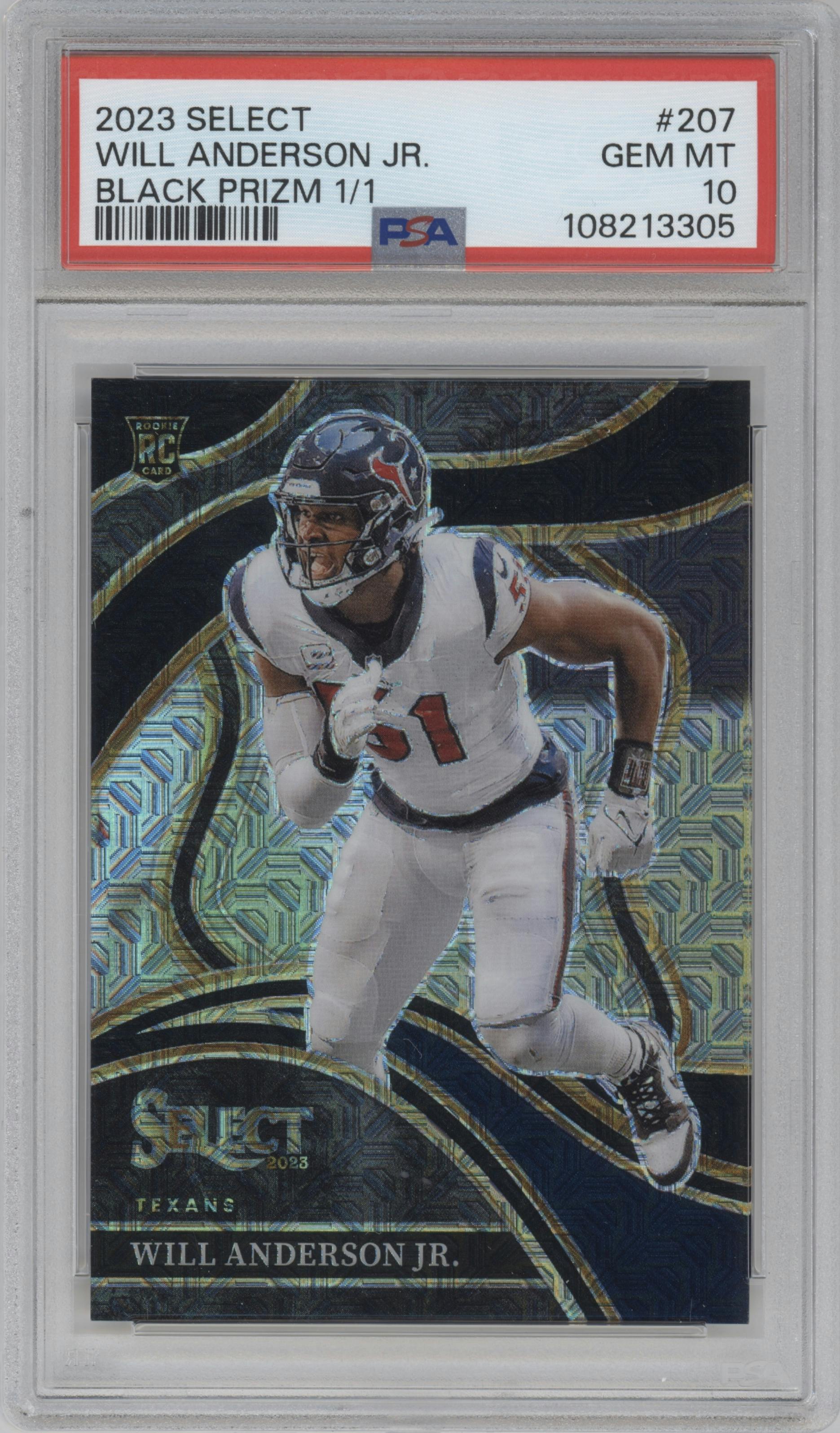 Will Anderson Jr. from the 2023 Panini Select set featuring a Black Prizm parallel graded by PSA and given an overall grade of 10.