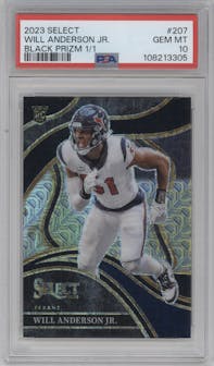 Will Anderson Jr. from the 2023 Panini Select set featuring a Black Prizm parallel graded by PSA and given an overall grade of 10.