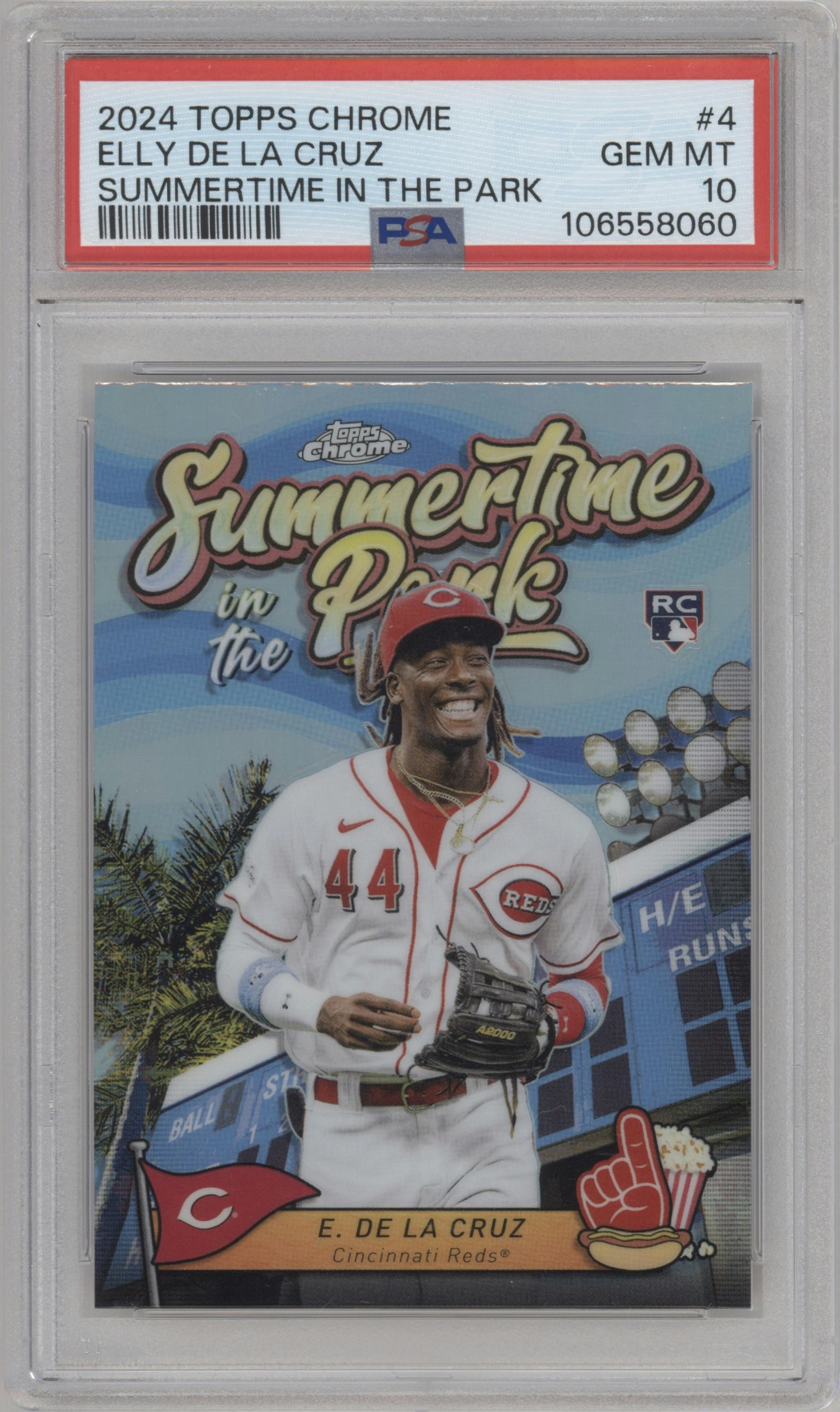 Elly De La Cruz from the 2024 Topps Chrome set graded by PSA and given an overall grade of 10.
