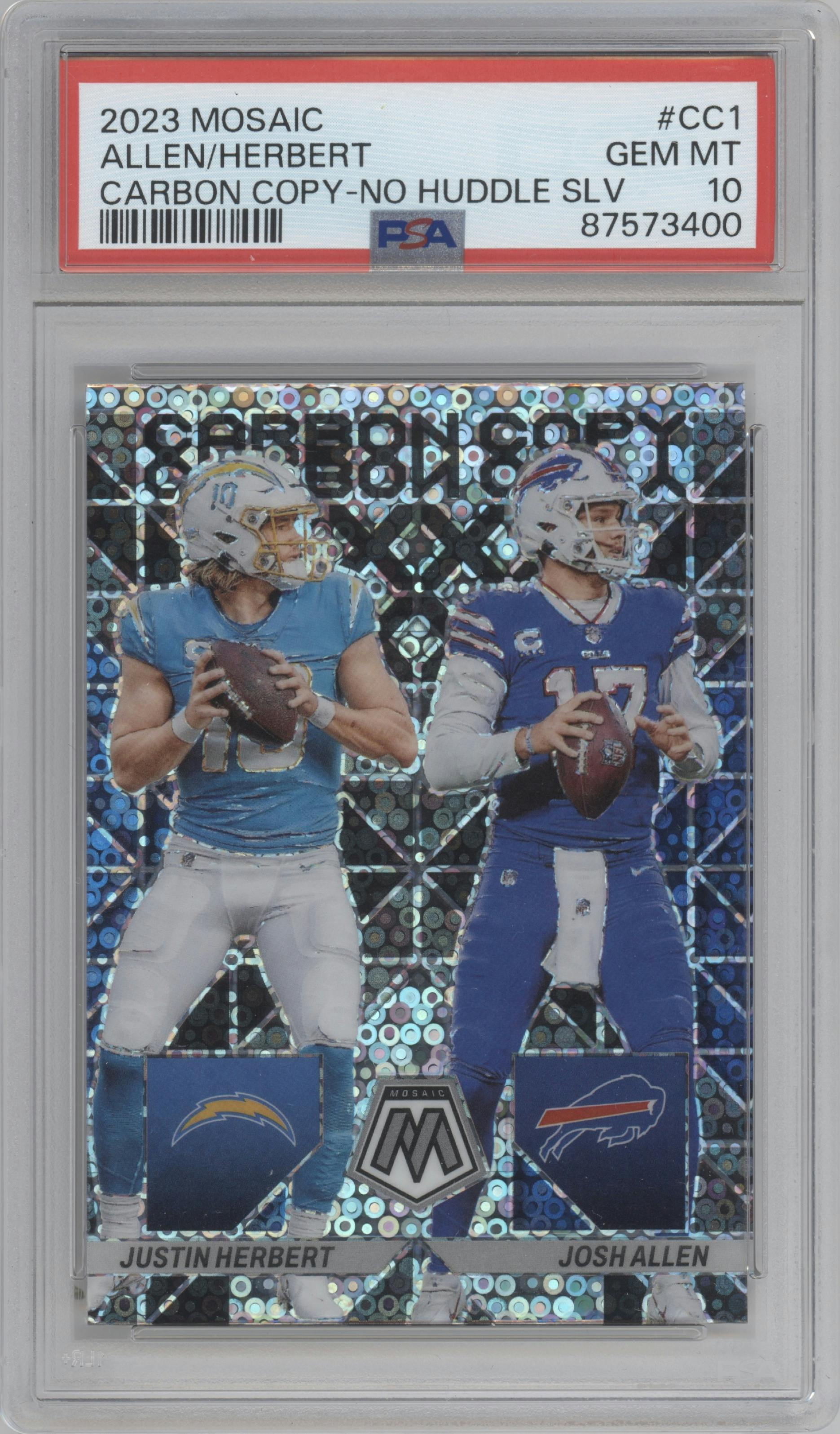 Justin Herbert/Josh Allen from the 2023 Panini Mosaic set featuring a No Huddle Silver parallel graded by PSA and given an overall grade of 10.
