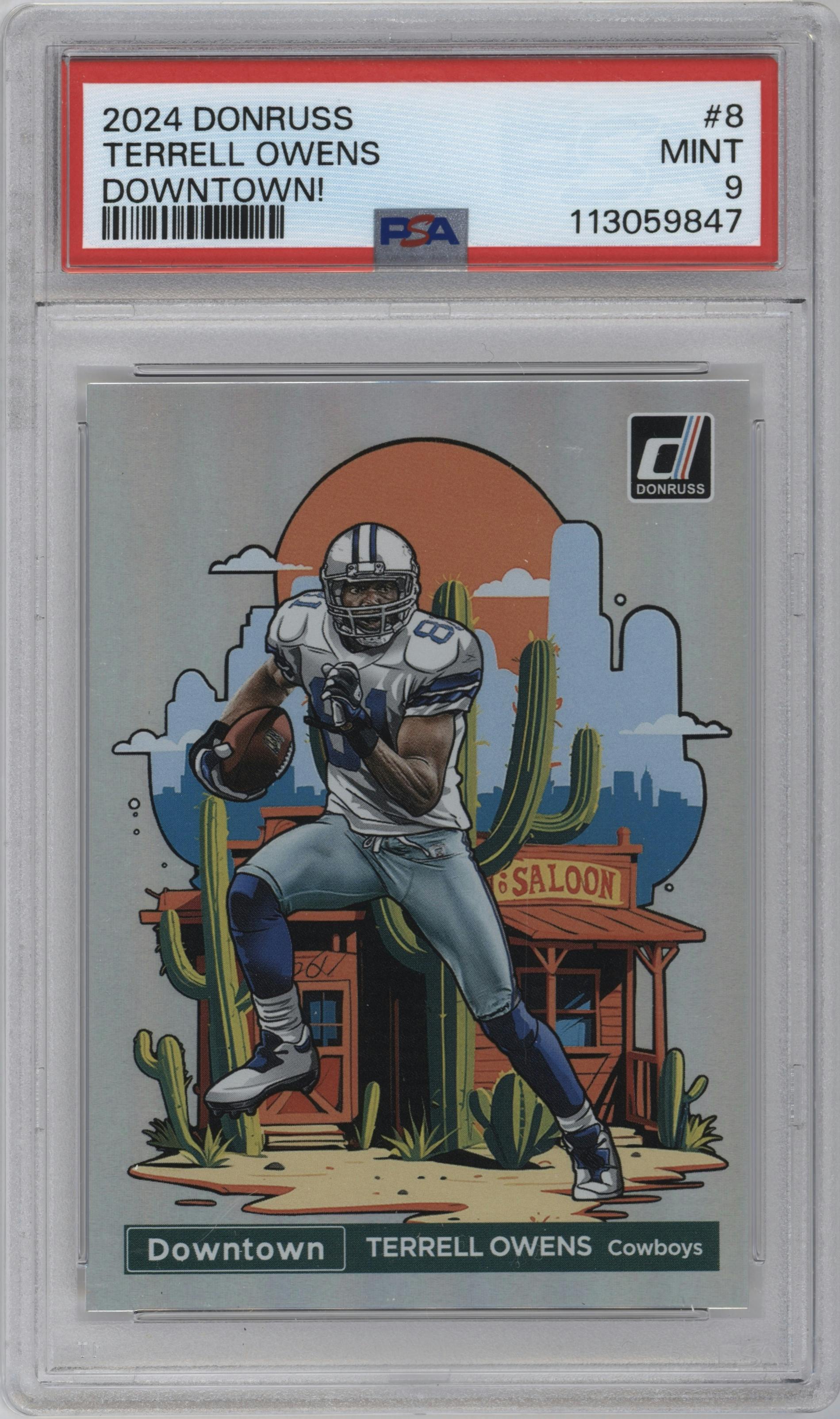 Terrell Owens from the 2024 Donruss set graded by PSA and given an overall grade of 9.