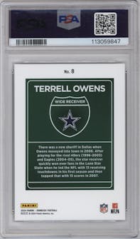 Terrell Owens from the 2024 Donruss set graded by PSA and given an overall grade of 9.