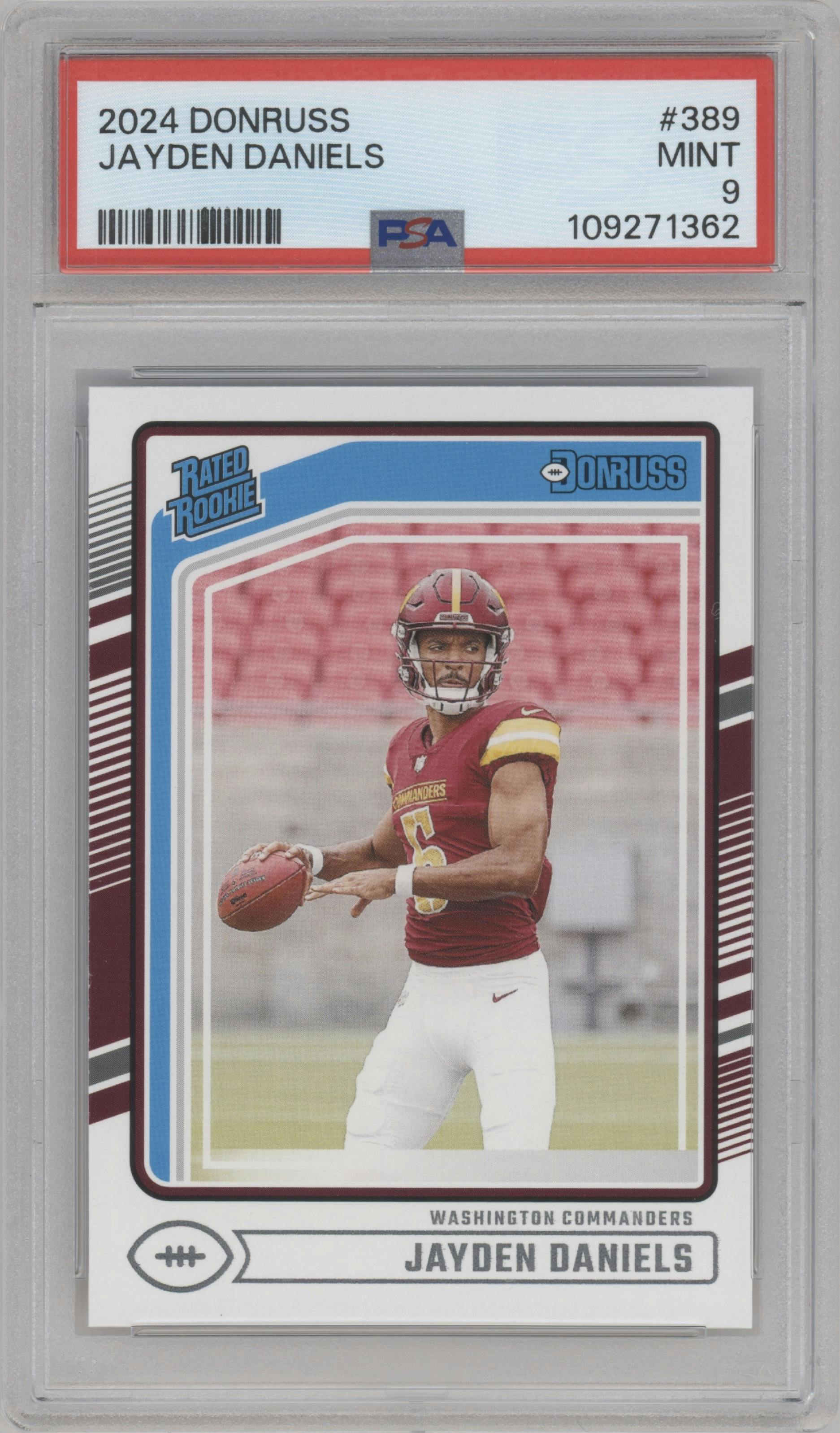 Jayden Daniels from the 2024 Donruss set graded by PSA and given an overall grade of 9.