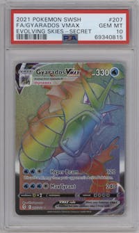 Gyarados VMAX from the 2021 Pokemon SWSH set graded by PSA and given an overall grade of 10.