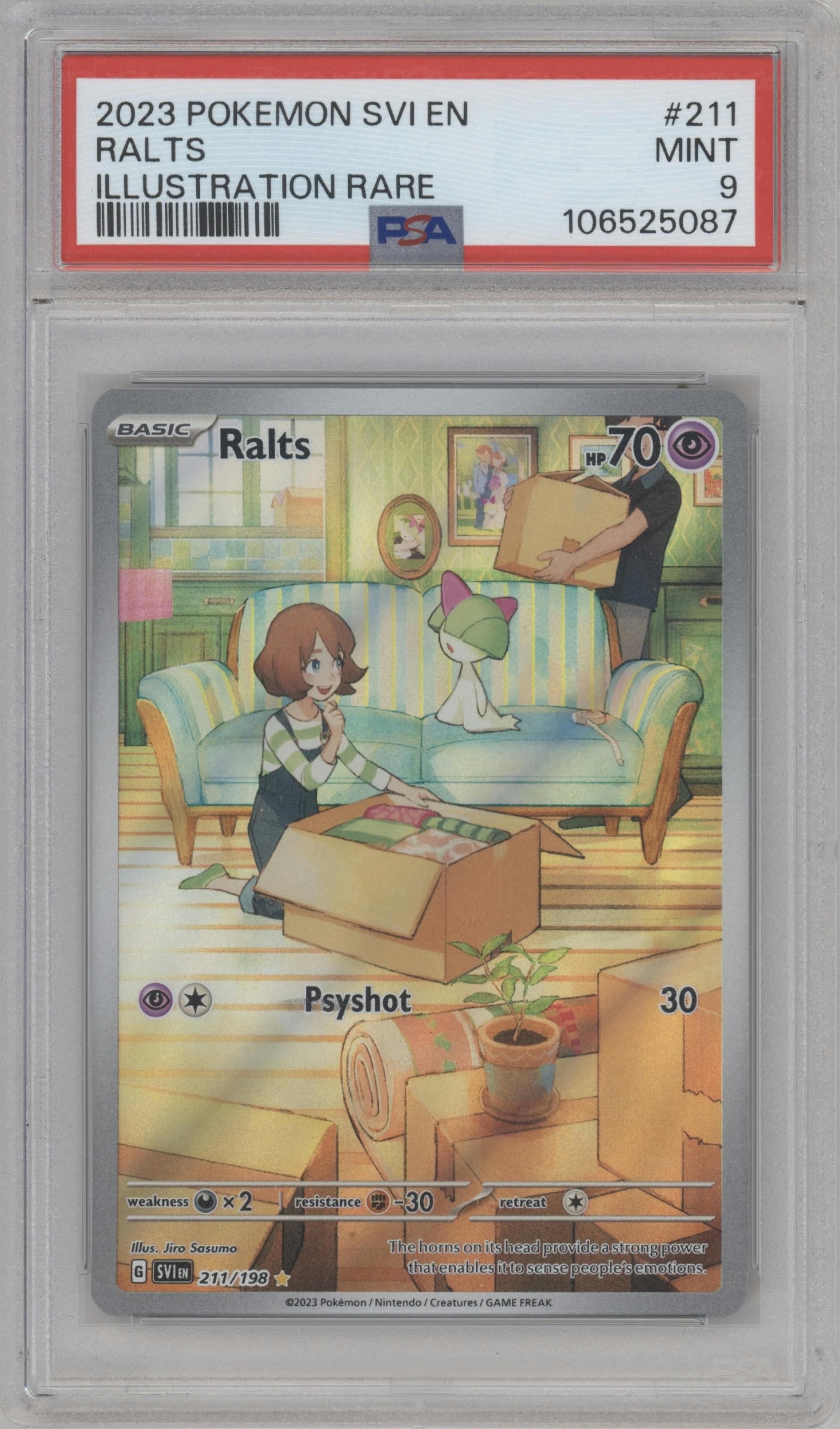 Ralts from the 2023 Pokemon SV set graded by PSA and given an overall grade of 9.