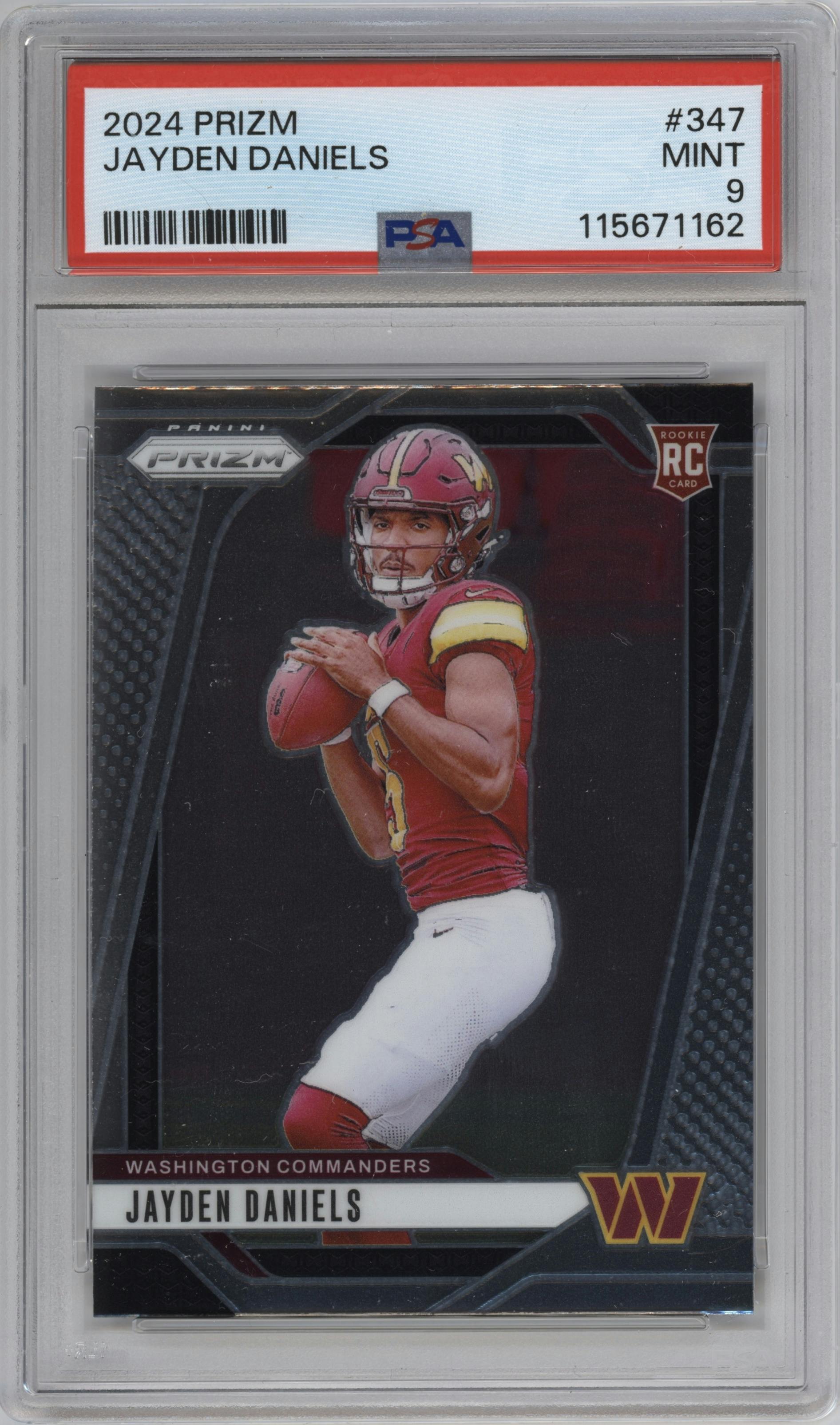 Jayden Daniels from the 2024 Panini Prizm set graded by PSA and given an overall grade of 9.