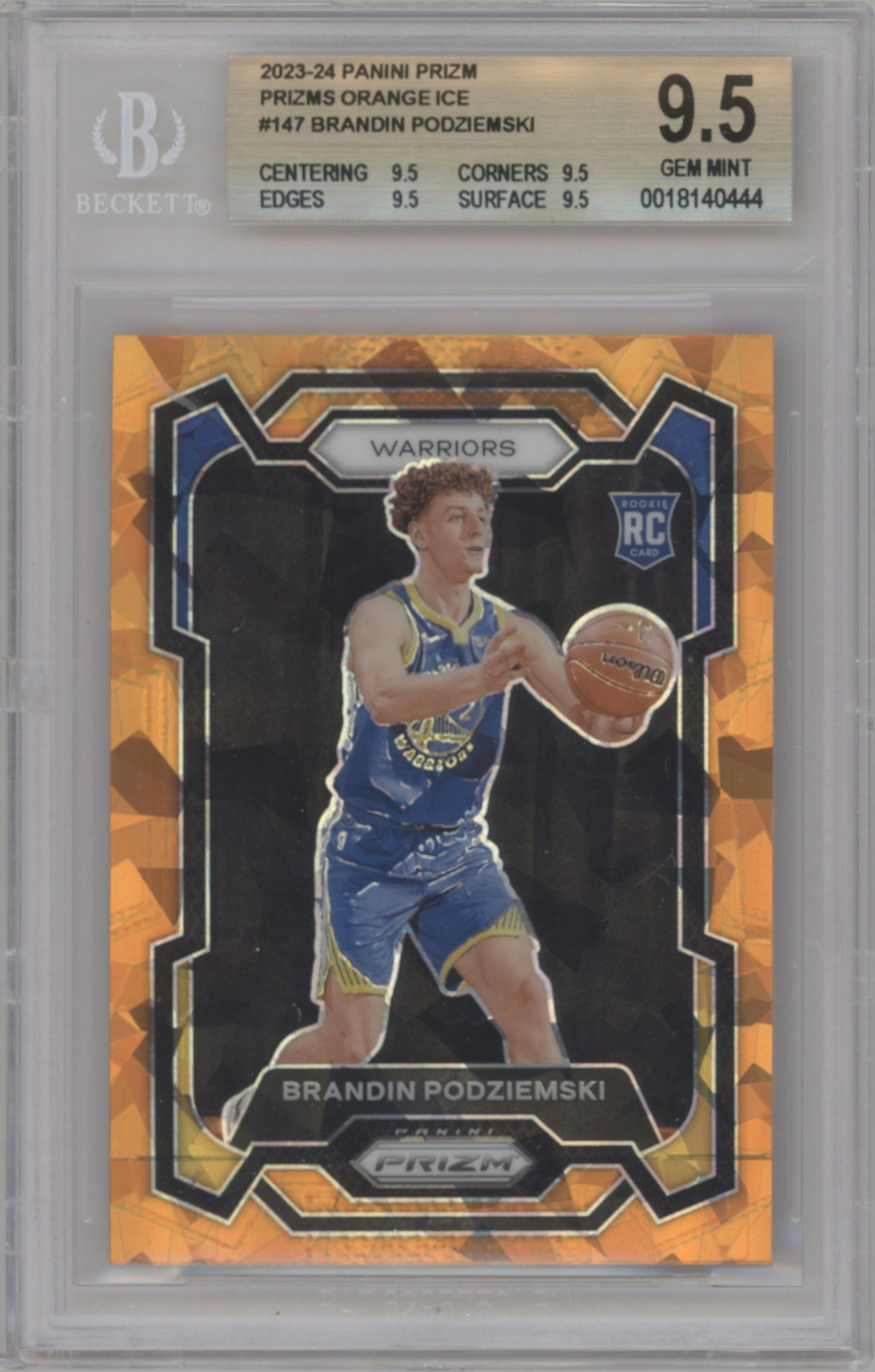 Brandin Podziemski from the 2023-24 Panini Prizm set featuring a Orange Ice parallel graded by Beckett and given an overall grade of 9.5.