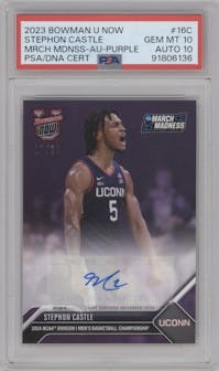 Stephon Castle from the 2023-24 Bowman U Now NCAA March Madness set featuring a Purple parallel graded by PSA and given an overall grade of 10.
