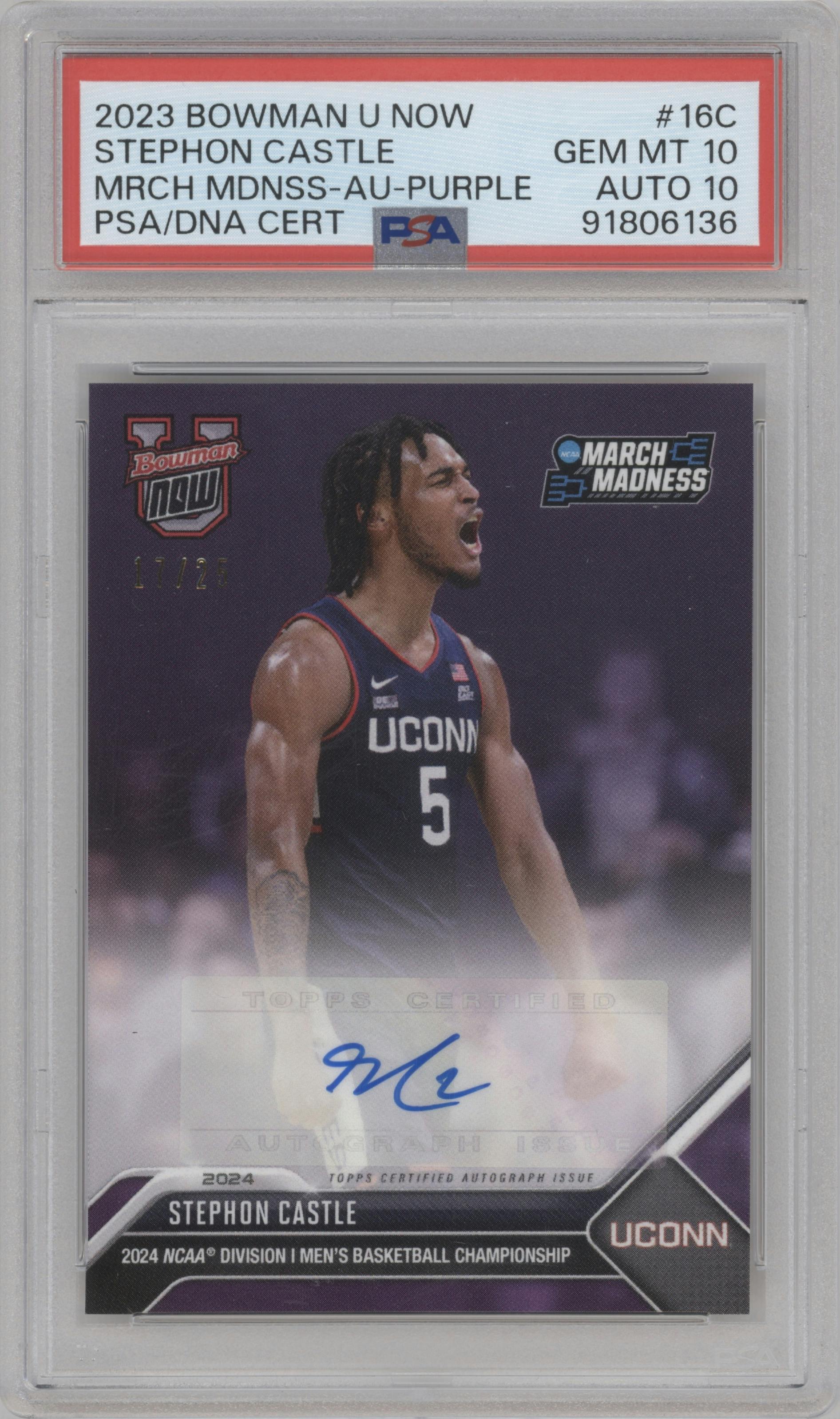 Stephon Castle from the 2023-24 Bowman U Now NCAA March Madness set featuring a Purple parallel graded by PSA and given an overall grade of 10.