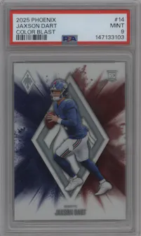 Jaxson Dart from the 2025 Panini Phoenix set graded by PSA and given an overall grade of 9.