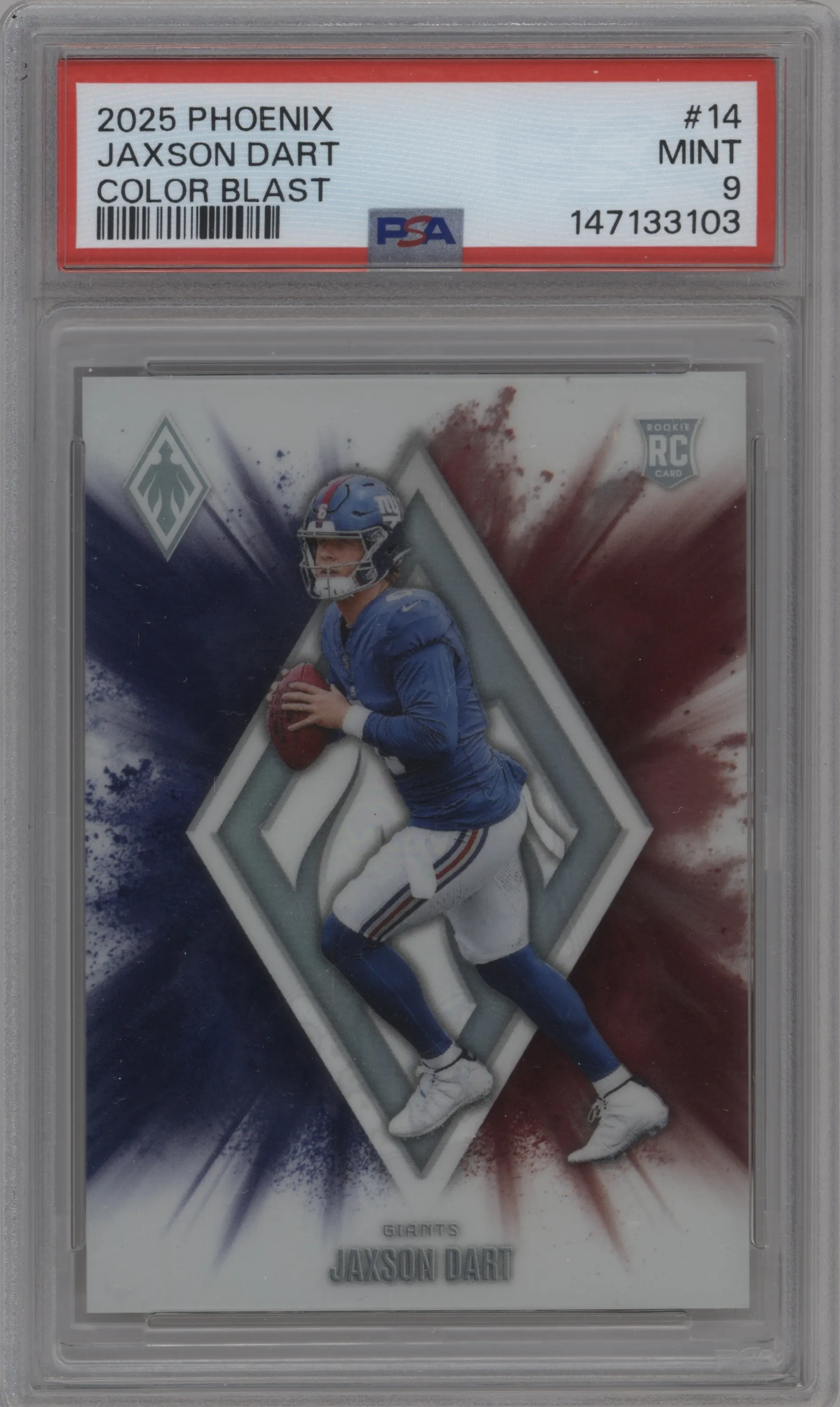 Jaxson Dart from the 2025 Panini Phoenix set graded by PSA and given an overall grade of 9.