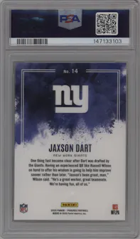 Jaxson Dart from the 2025 Panini Phoenix set graded by PSA and given an overall grade of 9.