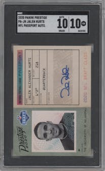 Jalen Hurts from the 2020 Panini Prestige set graded by SGC and given an overall grade of 10.