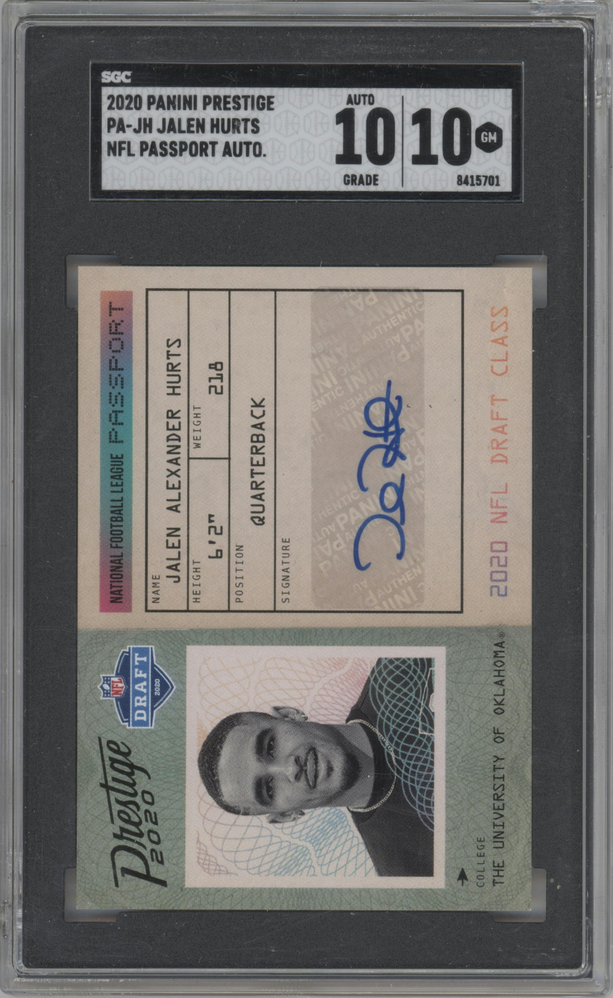 Jalen Hurts from the 2020 Panini Prestige set graded by SGC and given an overall grade of 10.