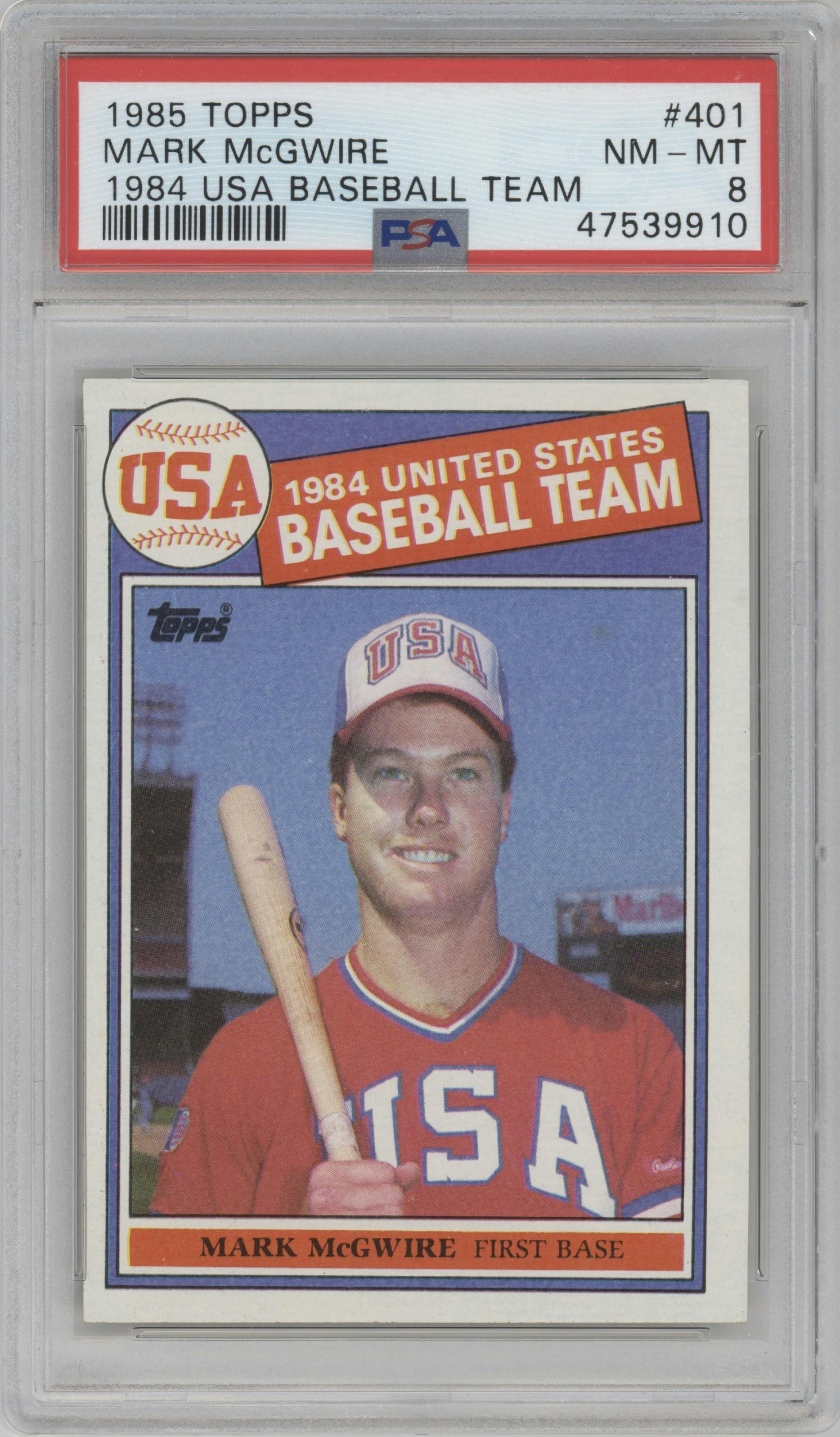 Mark McGwire from the 1985 Topps set graded by PSA and given an overall grade of 8.