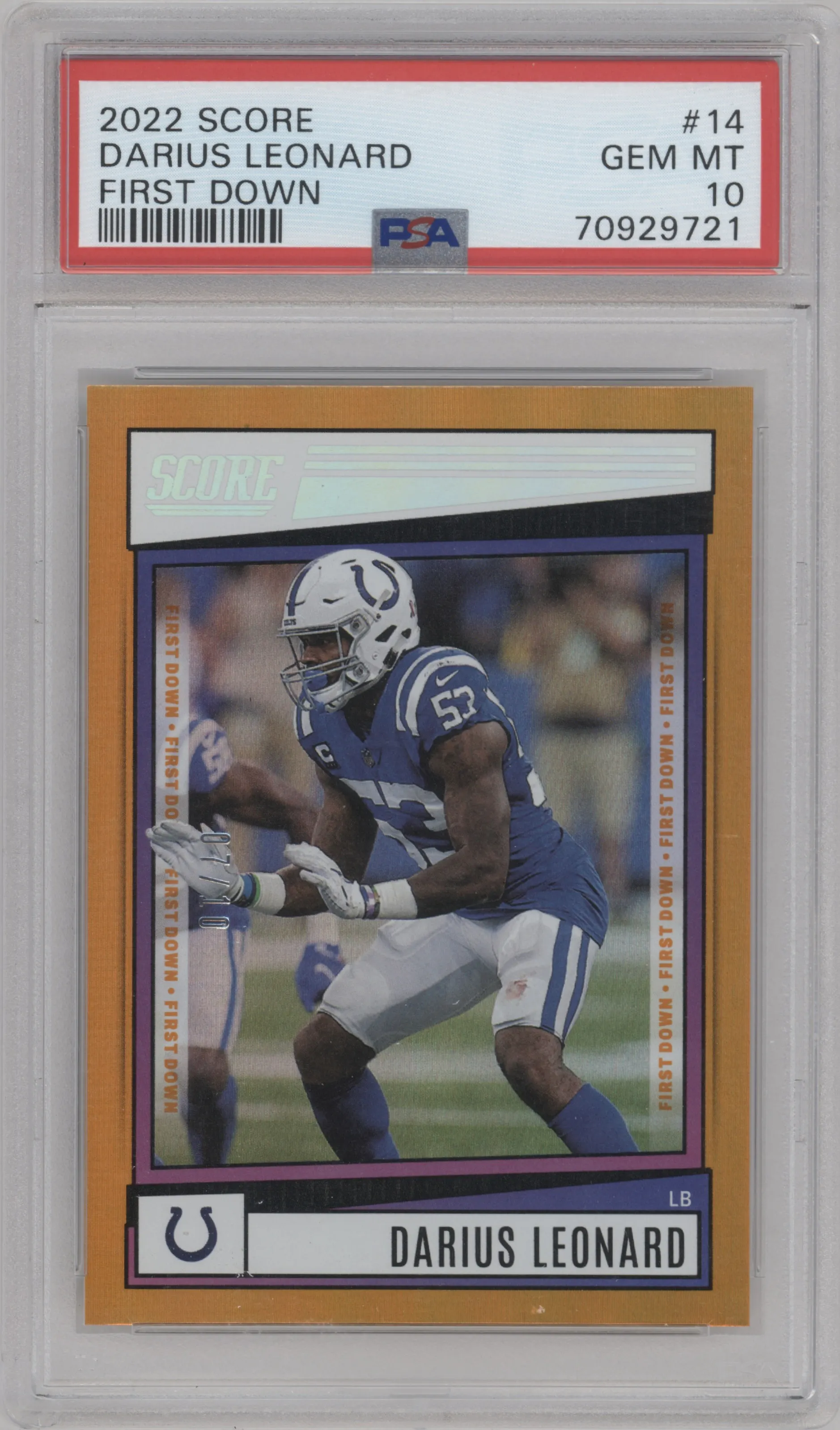 2022 Panini Score Darius Leonard First Down #14 PSA 10