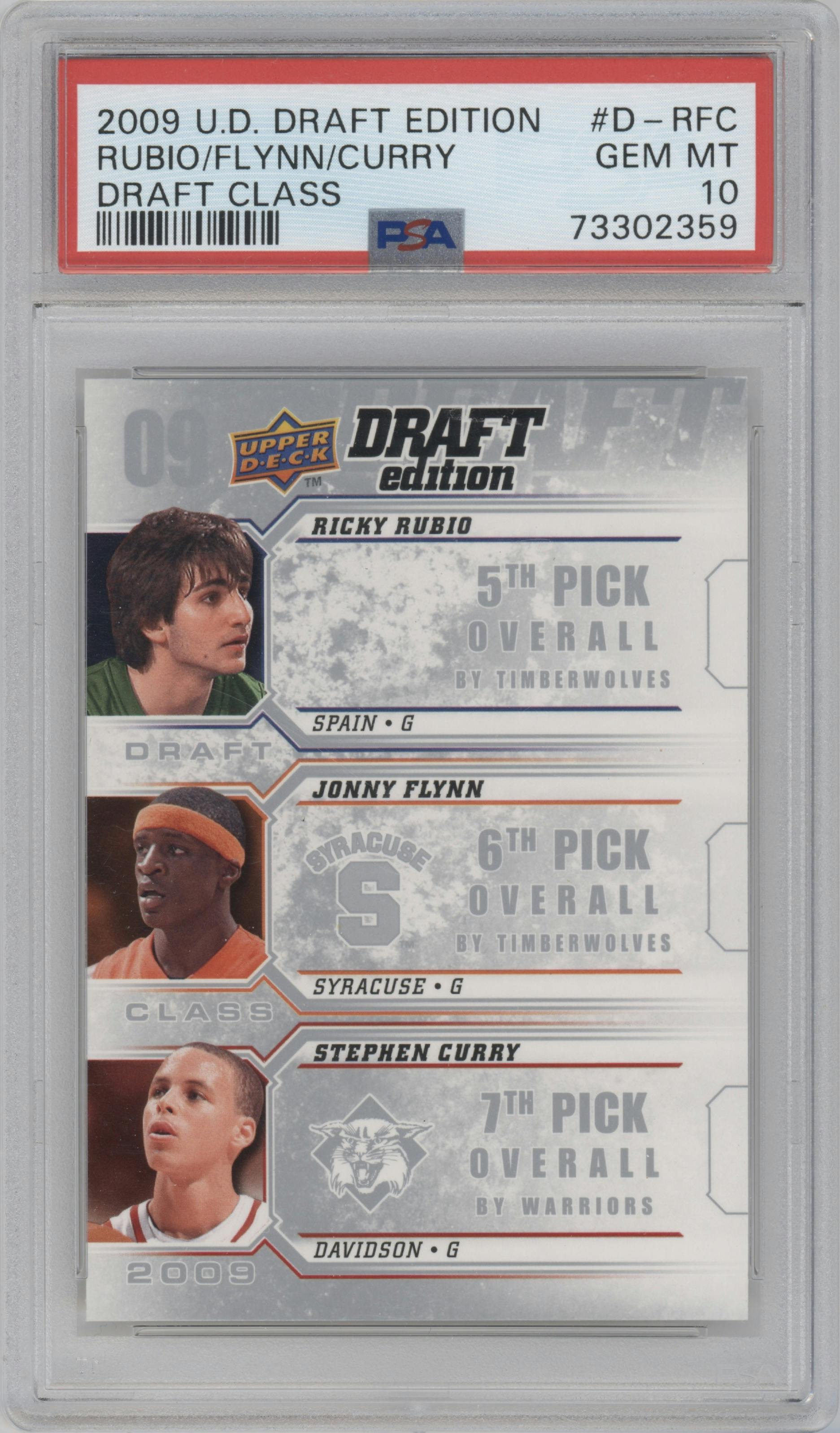 Ricky Rubio/Jonny Flynn/Stephen Curry from the 2009-10 UD Draft Edition set graded by PSA and given an overall grade of 10.