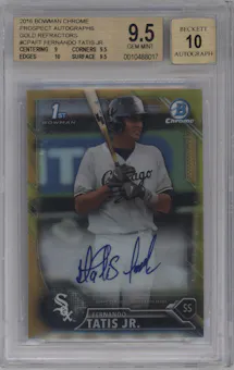Fernando Tatis Jr. from the 2016 Bowman Chrome set featuring a Gold Refractor parallel graded by Beckett and given an overall grade of 9.5.