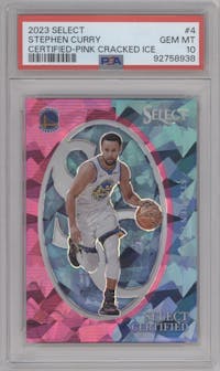 Stephen Curry from the 2023-24 Panini Select  set featuring a Pink Cracked Ice  parallel graded by PSA and given an overall grade of 10.