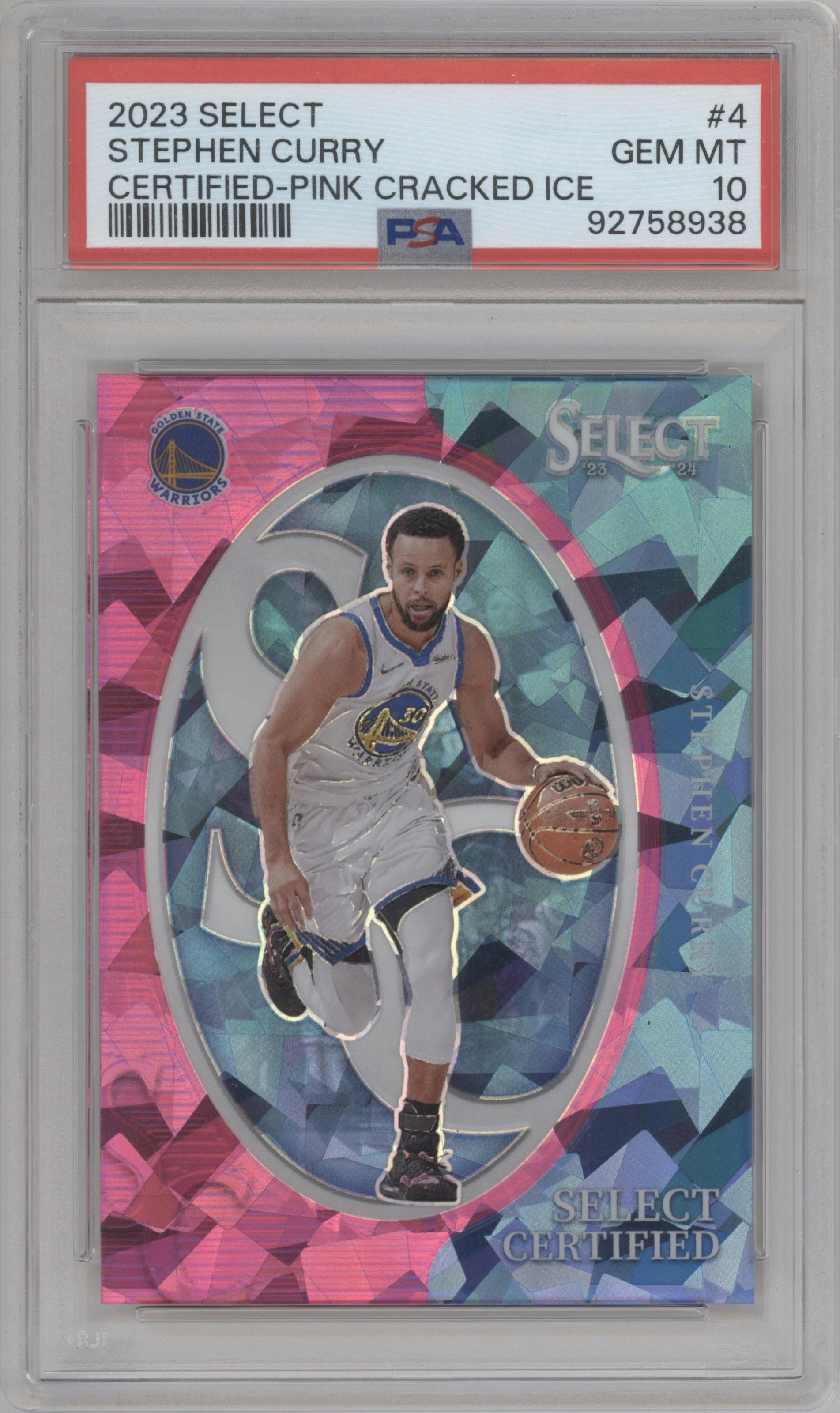 Stephen Curry from the 2023-24 Panini Select  set featuring a Pink Cracked Ice  parallel graded by PSA and given an overall grade of 10.