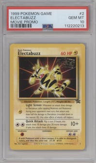 Electabuzz from the 1999 Pokemon set featuring a Movie Promo parallel graded by PSA and given an overall grade of 10.