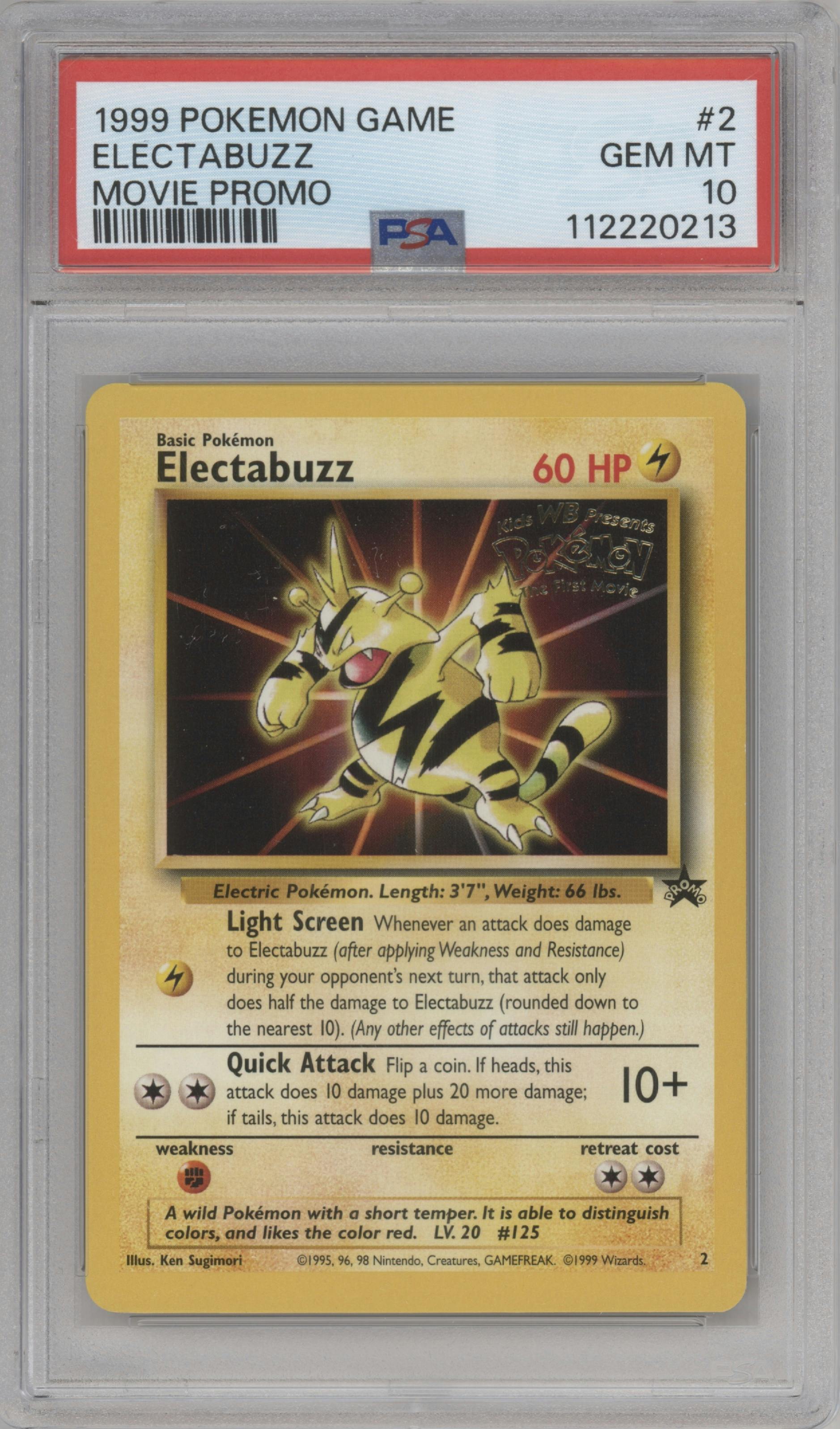Electabuzz from the 1999 Pokemon set featuring a Movie Promo parallel graded by PSA and given an overall grade of 10.