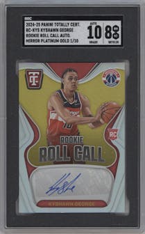 Kyshawn George from the 2024-25 Panini Totally Certified set featuring a Mirror Gold Platinum parallel graded by SGC and given an overall grade of 8.