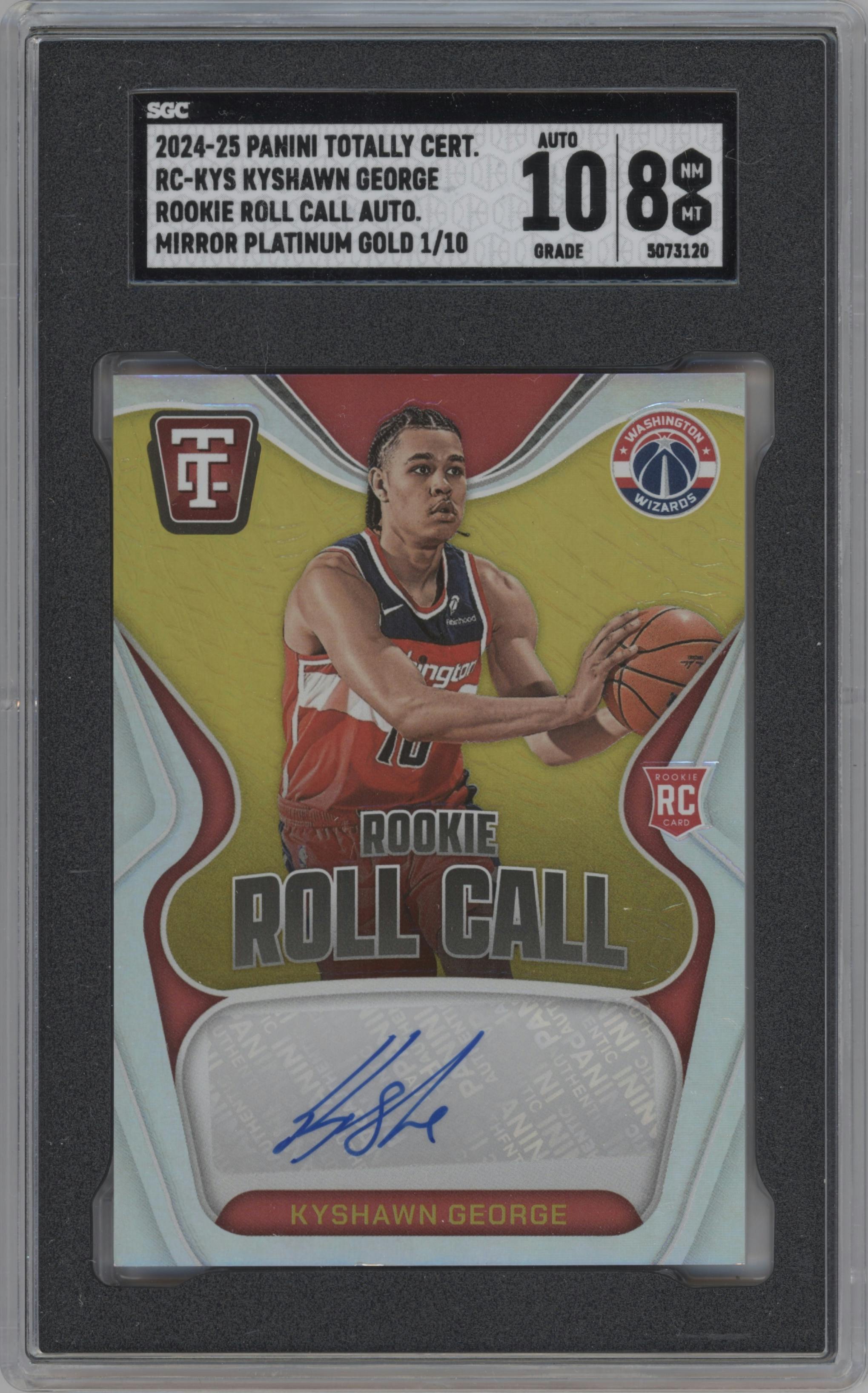 Kyshawn George from the 2024-25 Panini Totally Certified set featuring a Mirror Gold Platinum parallel graded by SGC and given an overall grade of 8.