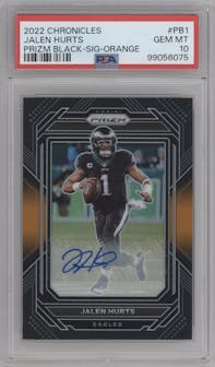 Jalen Hurts from the 2022 Panini Chronicles set featuring a Orange parallel graded by PSA and given an overall grade of 10.
