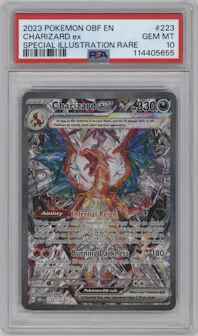 Charizard ex from the 2023 Pokemon SV set graded by PSA and given an overall grade of 10.