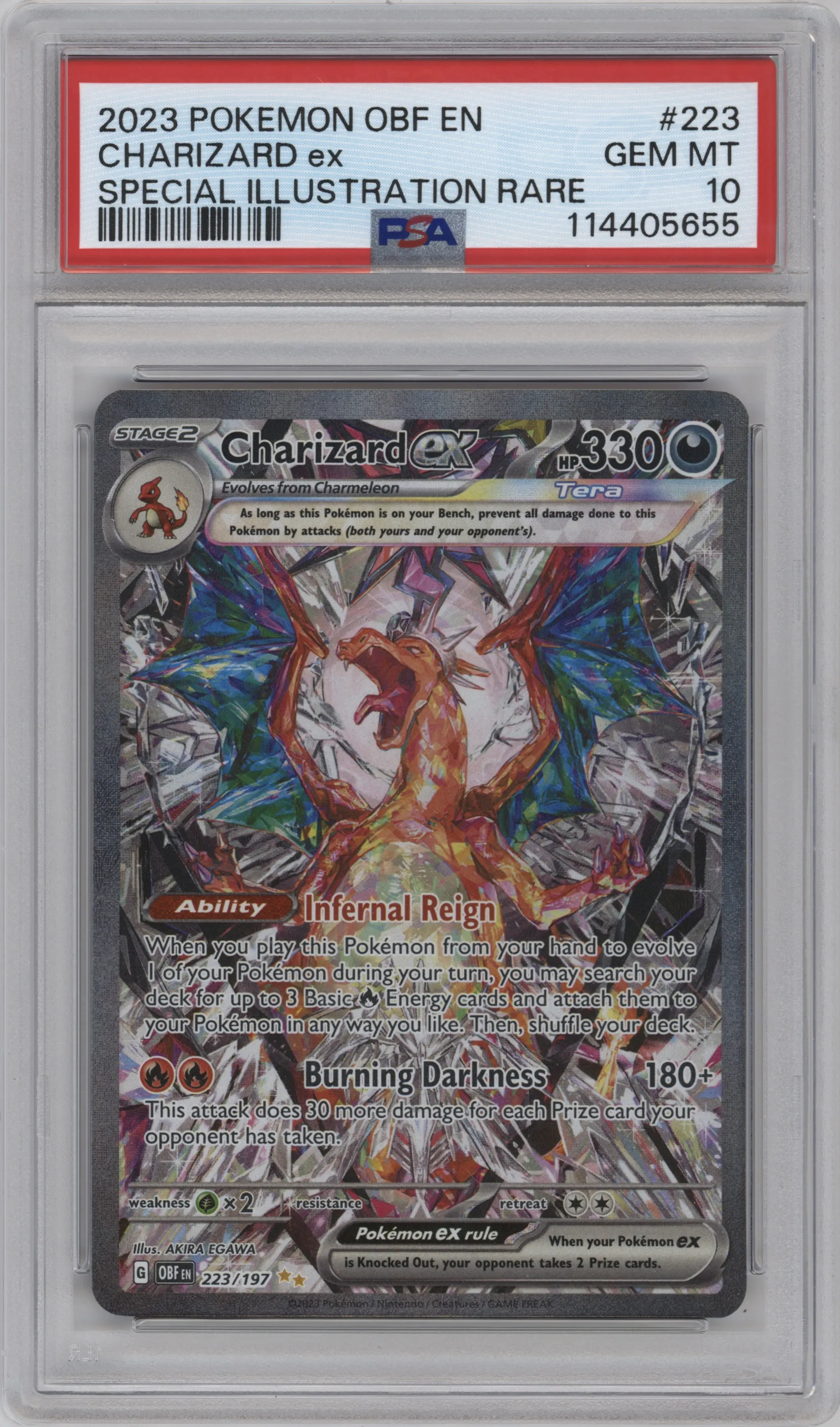 Charizard ex from the 2023 Pokemon SV set graded by PSA and given an overall grade of 10.