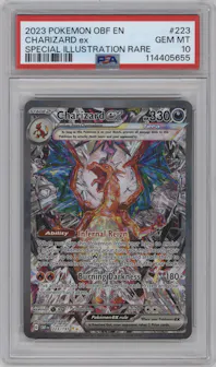 Charizard ex from the 2023 Pokemon SV set graded by PSA and given an overall grade of 10.
