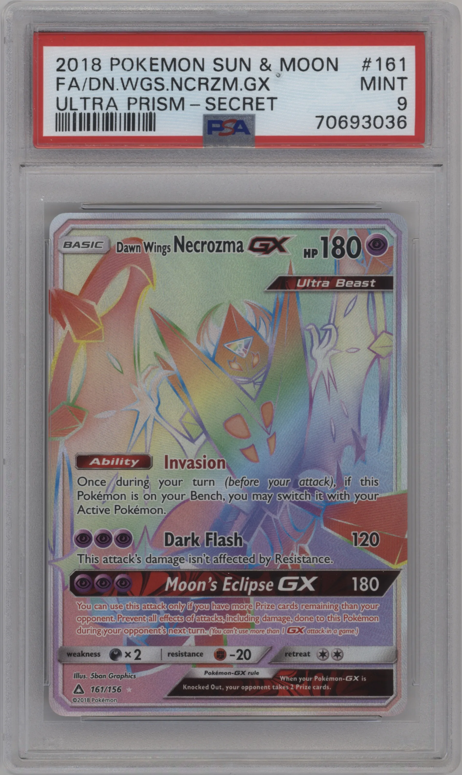 2018 Pokemon S&M Ultra Prism Dawn Wings Necrozma GX #161 PSA 9