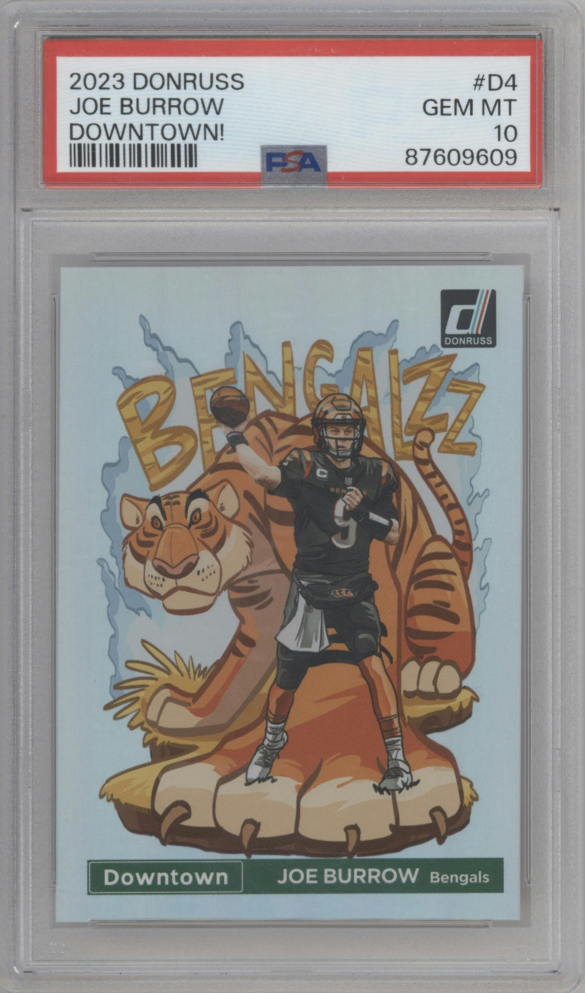 Joe Burrow from the 2023 Panini Donruss set graded by PSA and given an overall grade of 10.