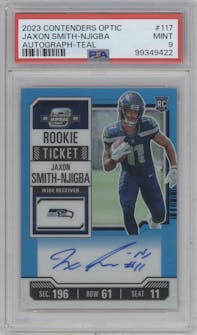 Jaxon Smith-Njigba from the 2023 Panini Contenders Optic set featuring a Teal  parallel graded by PSA and given an overall grade of 9.