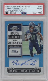 Jaxon Smith-Njigba from the 2023 Panini Contenders Optic set featuring a Teal  parallel graded by PSA and given an overall grade of 9.