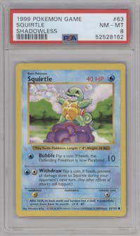 Squirtle from the 1999 Pokemon set graded by PSA and given an overall grade of 8.