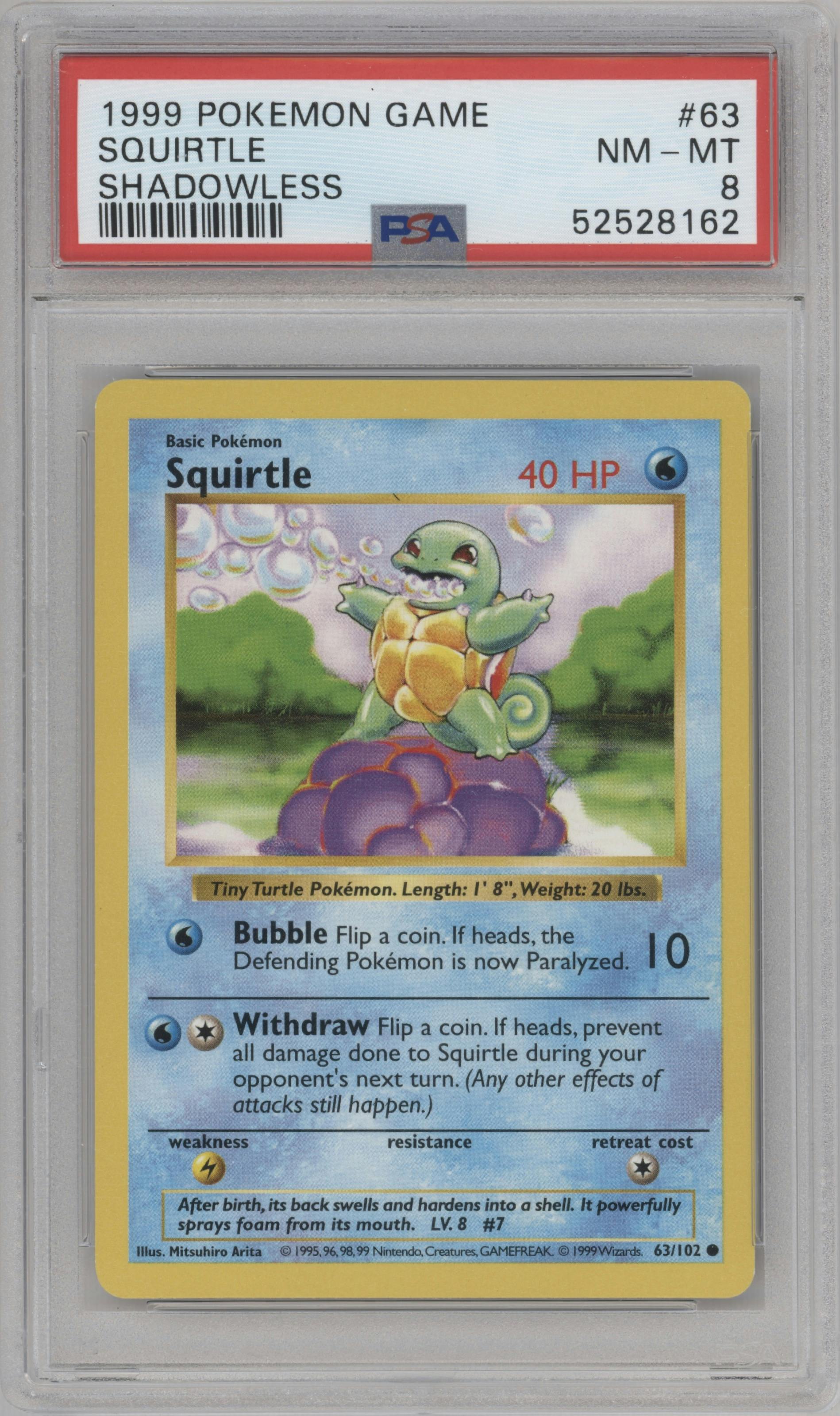 Squirtle from the 1999 Pokemon set graded by PSA and given an overall grade of 8.