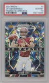 Jayden Daniels from the 2024 Panini Prizm set featuring a Green Ice Prizm parallel graded by PSA and given an overall grade of 10.
