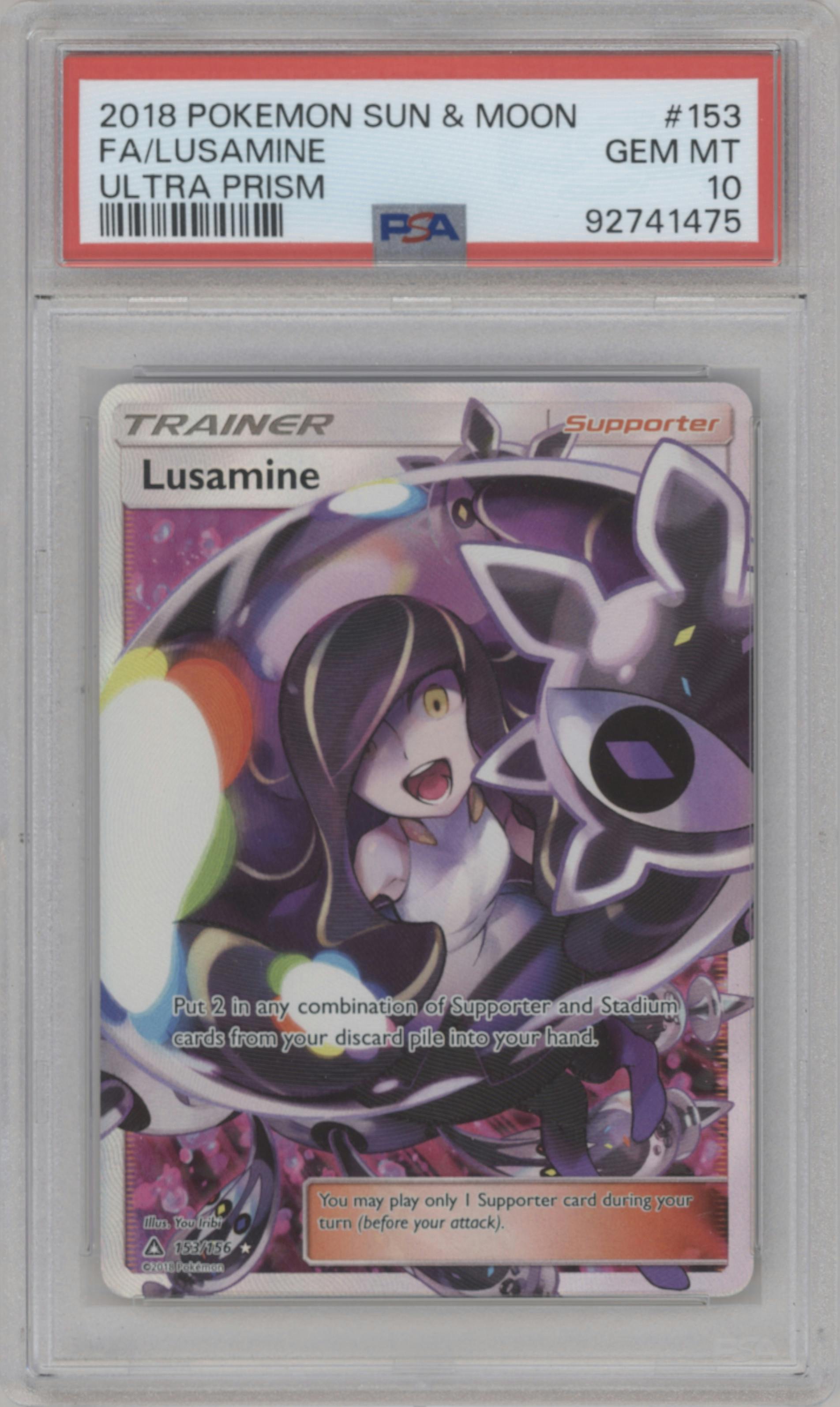 Lusamine from the 2018 Pokemon S&M  set graded by PSA and given an overall grade of 10.