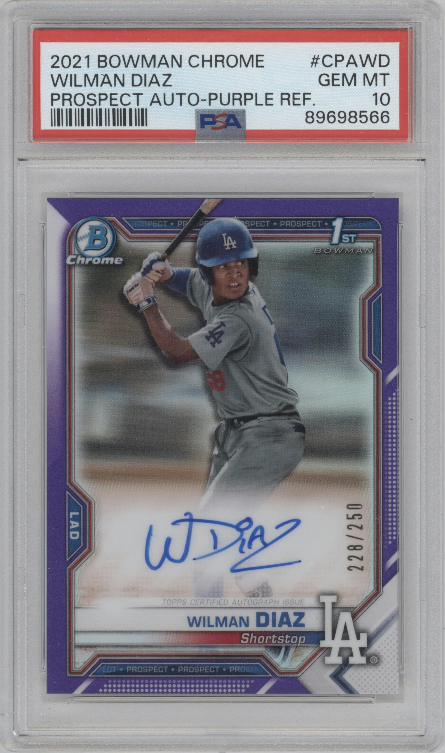 Wilman Diaz from the 2021 Bowman Chrome set featuring a Purple Refractor parallel graded by PSA and given an overall grade of 10.