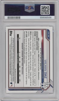 Wilman Diaz from the 2021 Bowman Chrome set featuring a Purple Refractor parallel graded by PSA and given an overall grade of 10.