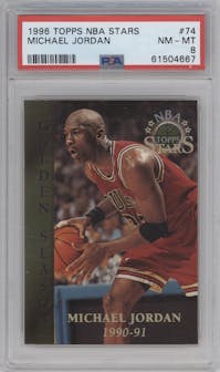Michael Jordan from the 1996-97 Topps Stars set graded by PSA and given an overall grade of 8.