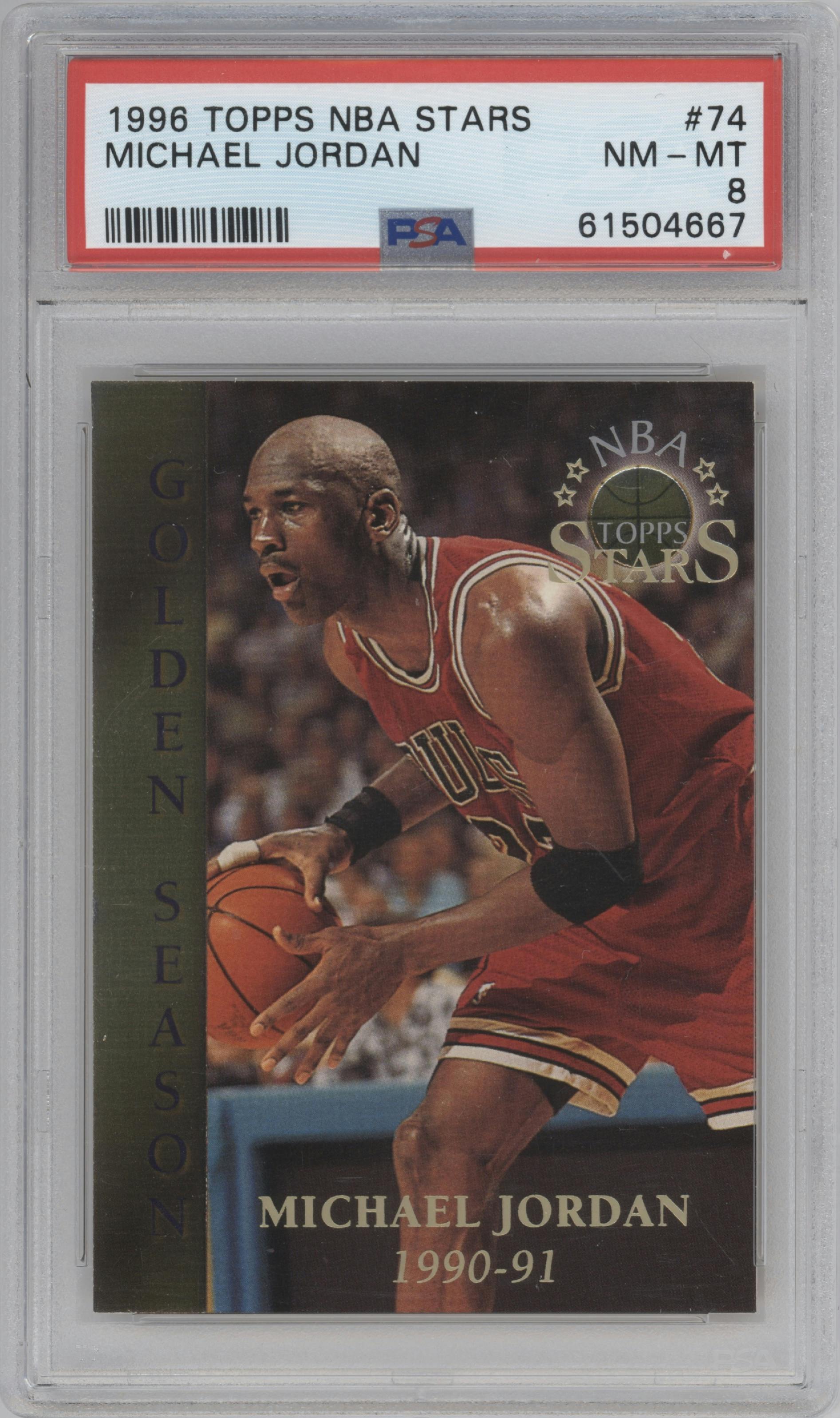 Michael Jordan from the 1996-97 Topps Stars set graded by PSA and given an overall grade of 8.