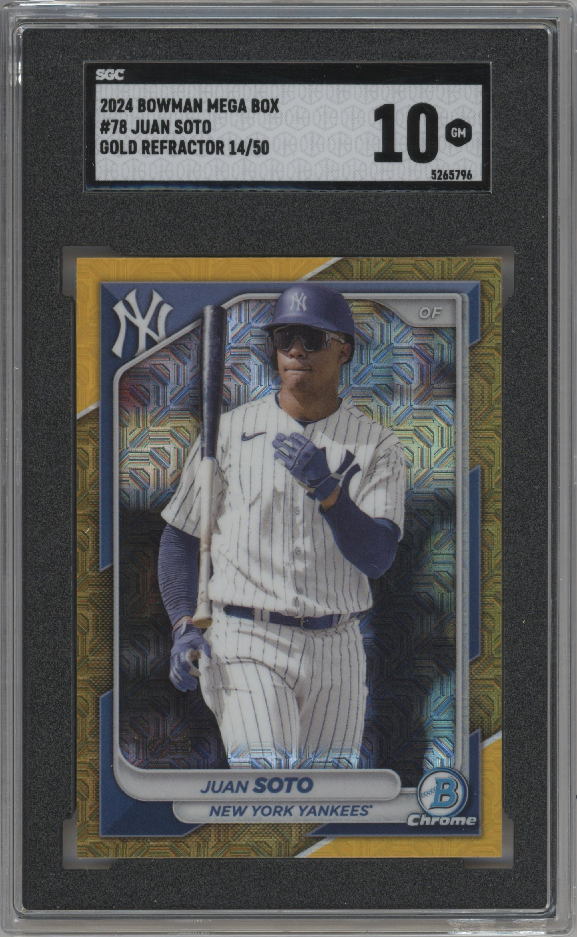 Juan Soto from the 2024 Bowman Mega Box set featuring a Gold Refractor parallel graded by SGC and given an overall grade of 10.