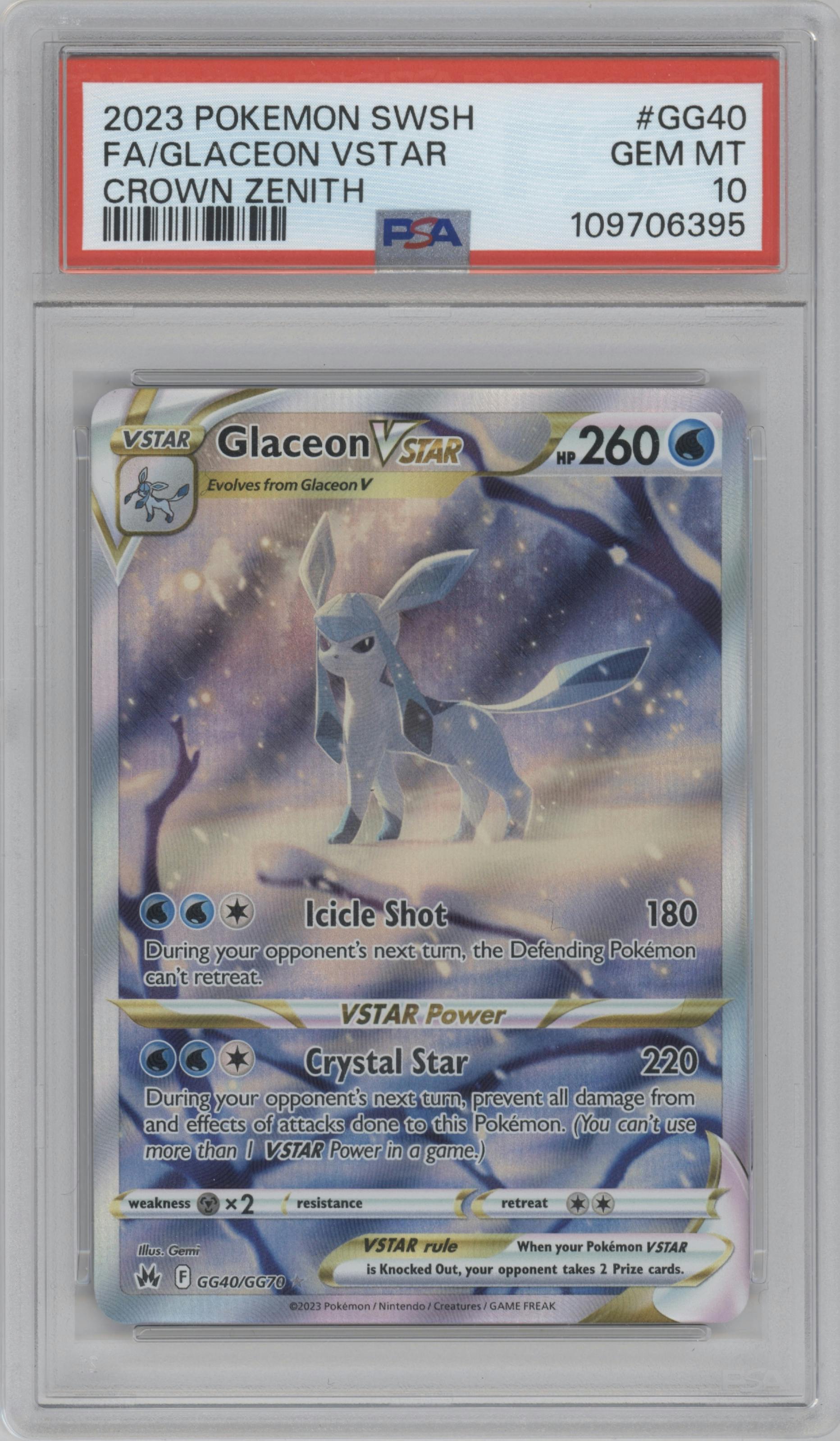Glaceon Vstar from the 2023 Pokemon SWSH set graded by PSA and given an overall grade of 10.