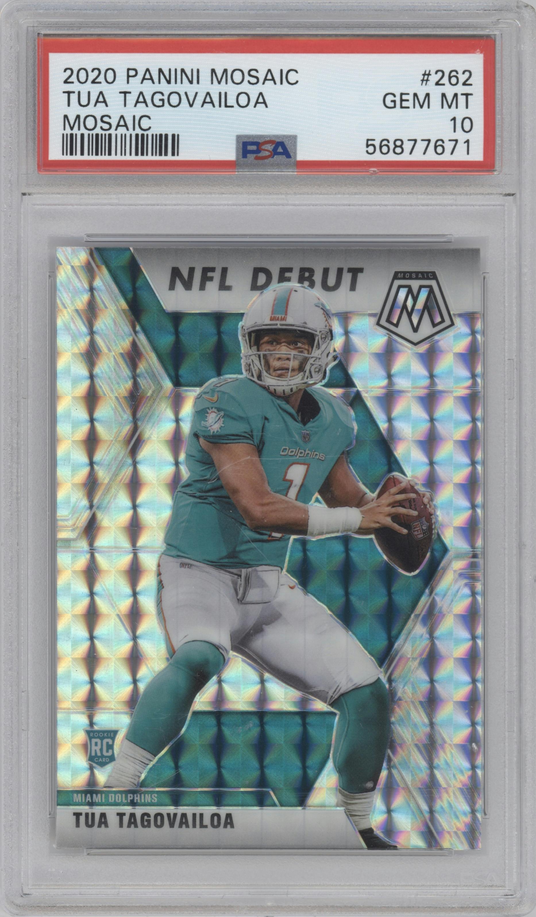 Tua Tagovailoa from the 2020 Panini Mosaic set featuring a Mosaic parallel graded by PSA and given an overall grade of 10.