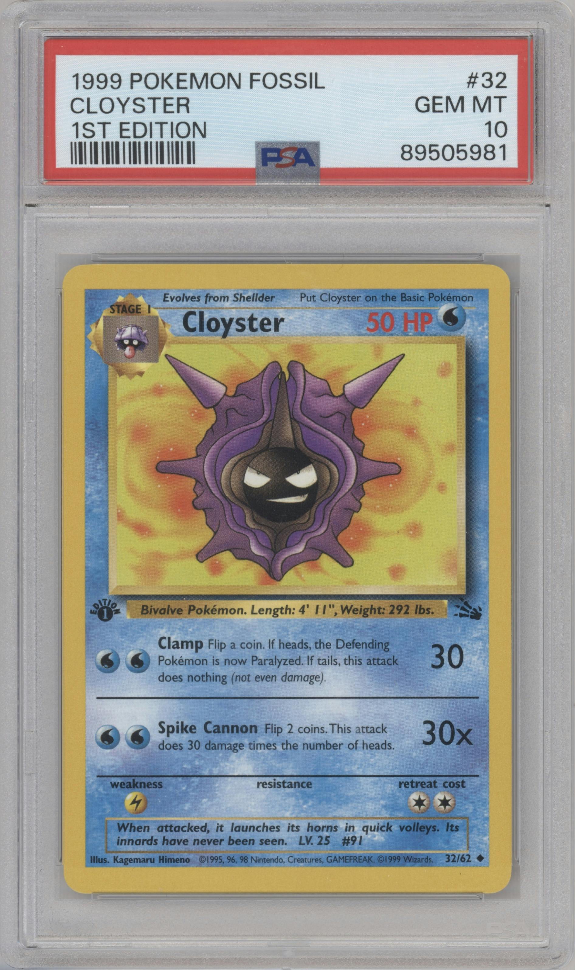 Cloyster from the 1999 Pokemon set graded by PSA and given an overall grade of 10.
