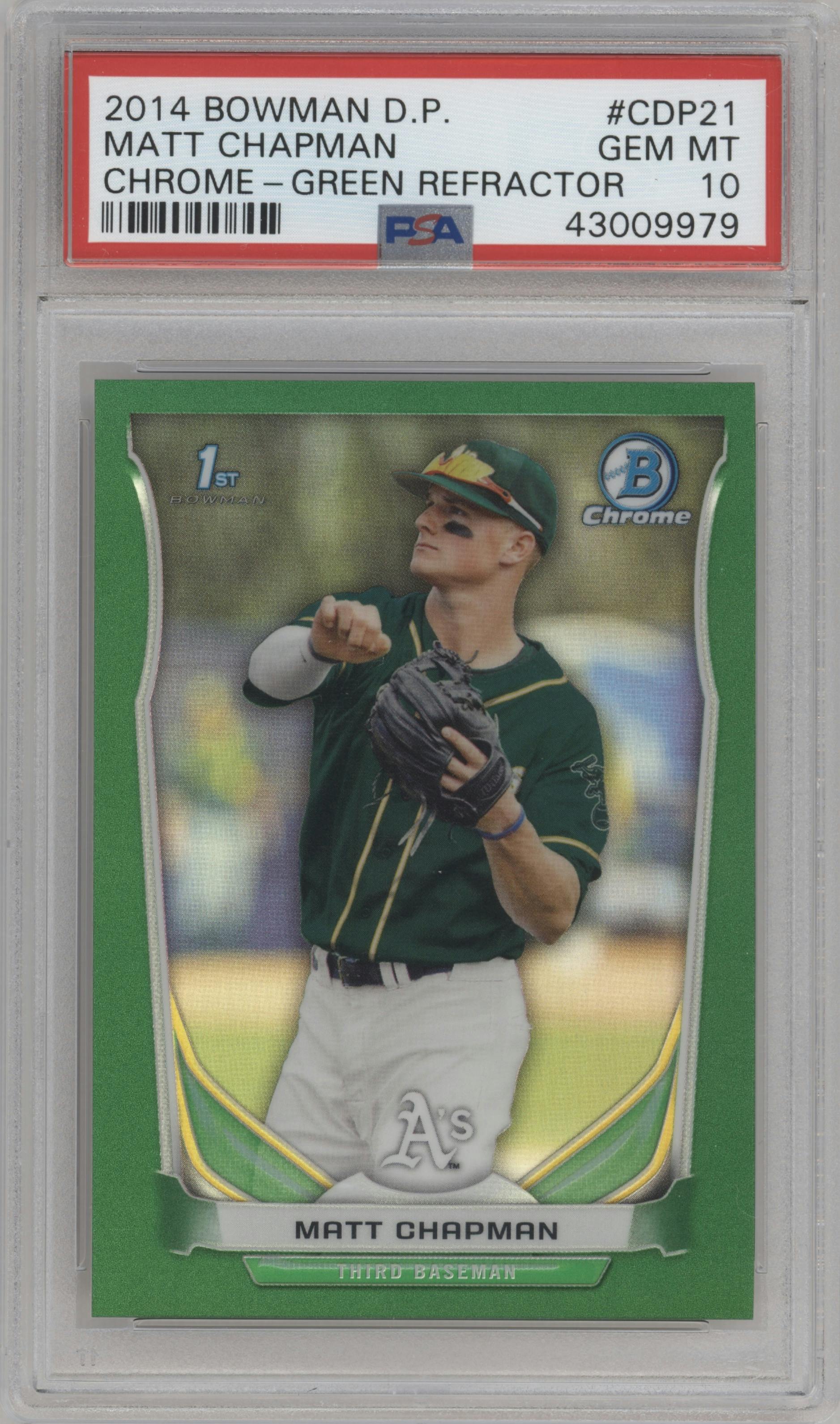 Matt Chapman from the 2014 Bowman Draft  set featuring a Green Refractor parallel graded by PSA and given an overall grade of 10.