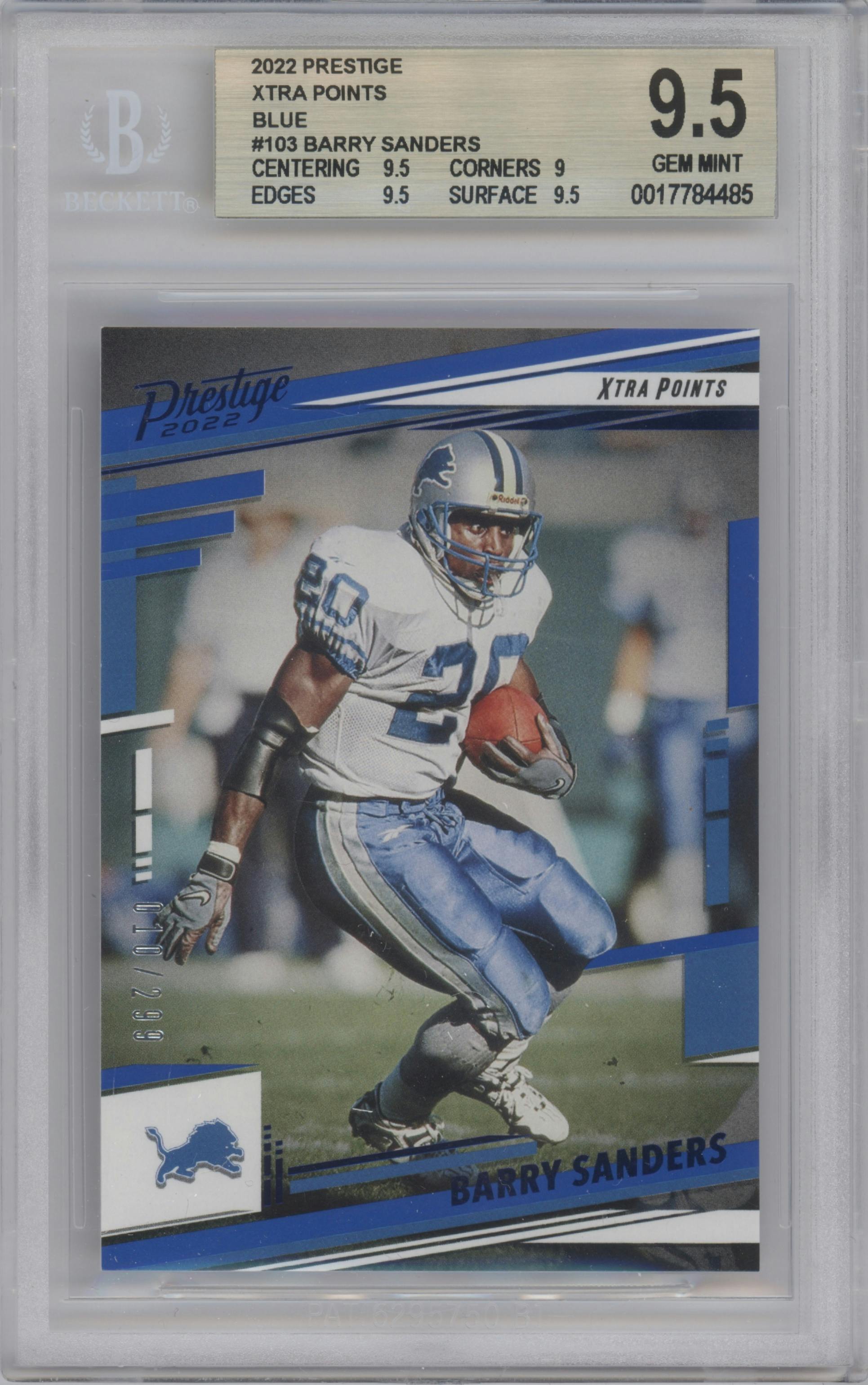 Barry Sanders  from the 2022 Panini Prestige set featuring a Xtra Points Blue parallel graded by Beckett and given an overall grade of 9.5.
